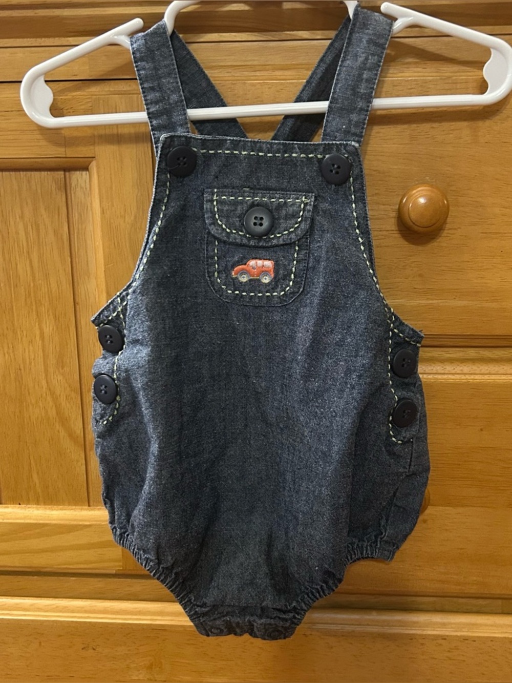 Adorable Boy's Denim Bubble Overalls with Car Embroidery Size 0-3, Up to 12lbs
